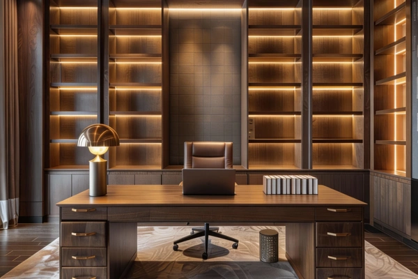 Custom home office with built-in shelving, desk, and warm LED lighting