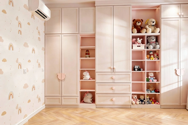 Custom kids closet with soft colors, shelving, drawers, and toy storage