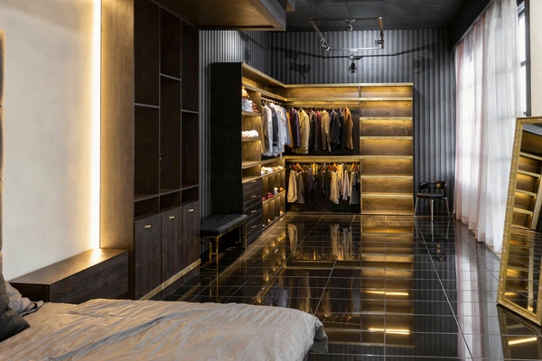 Modern reach-in closet with hanging space, shelving, and integrated lighting