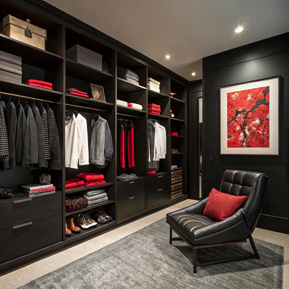 Elegant custom closet storage system with built-in cabinets and organized shelving
