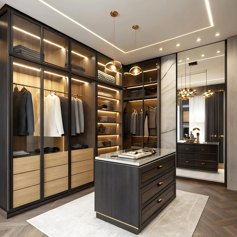 Luxury custom walk-in closet design with modern shelving and lighting in a Dallas home
