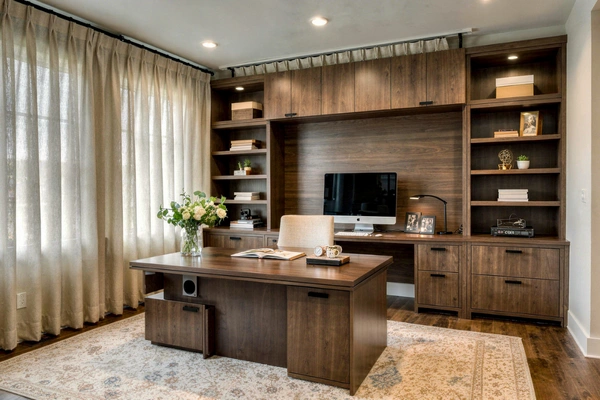 Custom home office built-in desk and storage cabinets with shelving and workspace