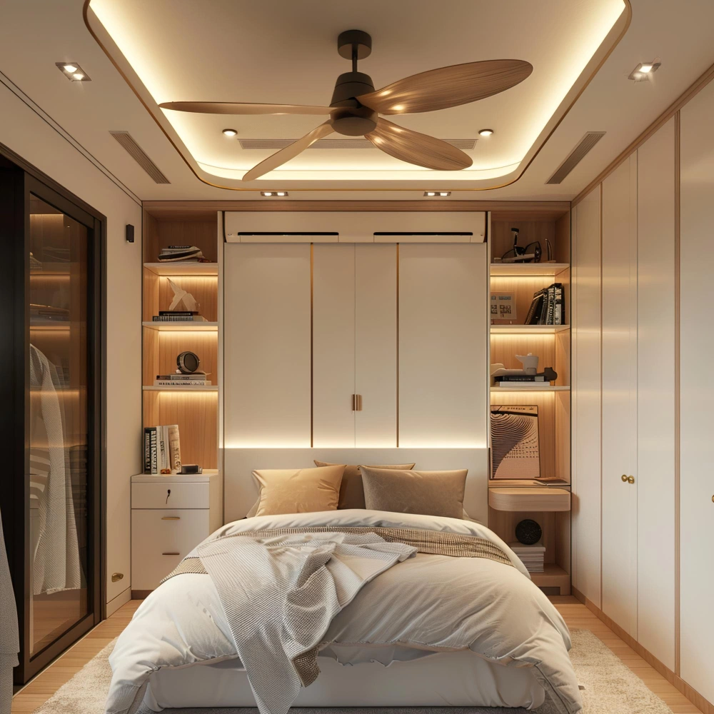 Modern bedroom storage solution with custom wardrobes and soft lighting