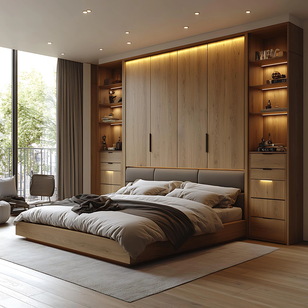 Custom bedroom closet featuring integrated cabinets, shelving, and warm lighting