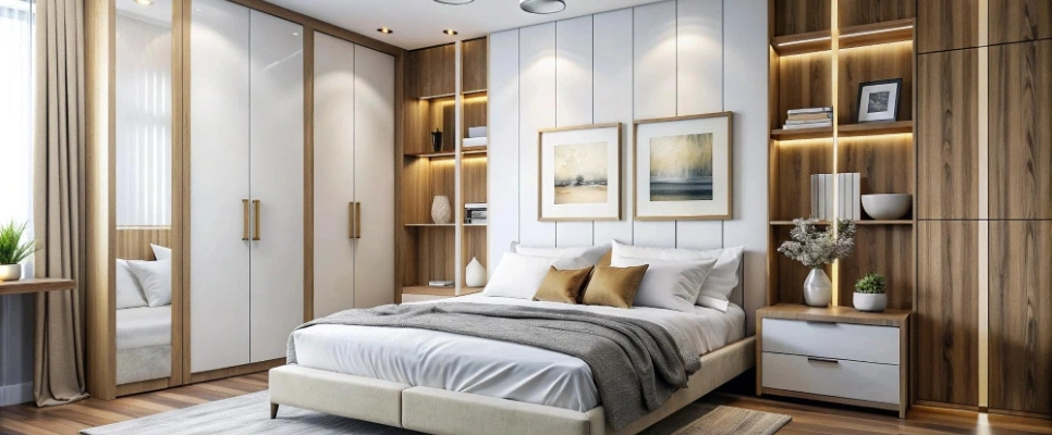 Bedroom closet with integrated wardrobes, shelving, and modern storage design