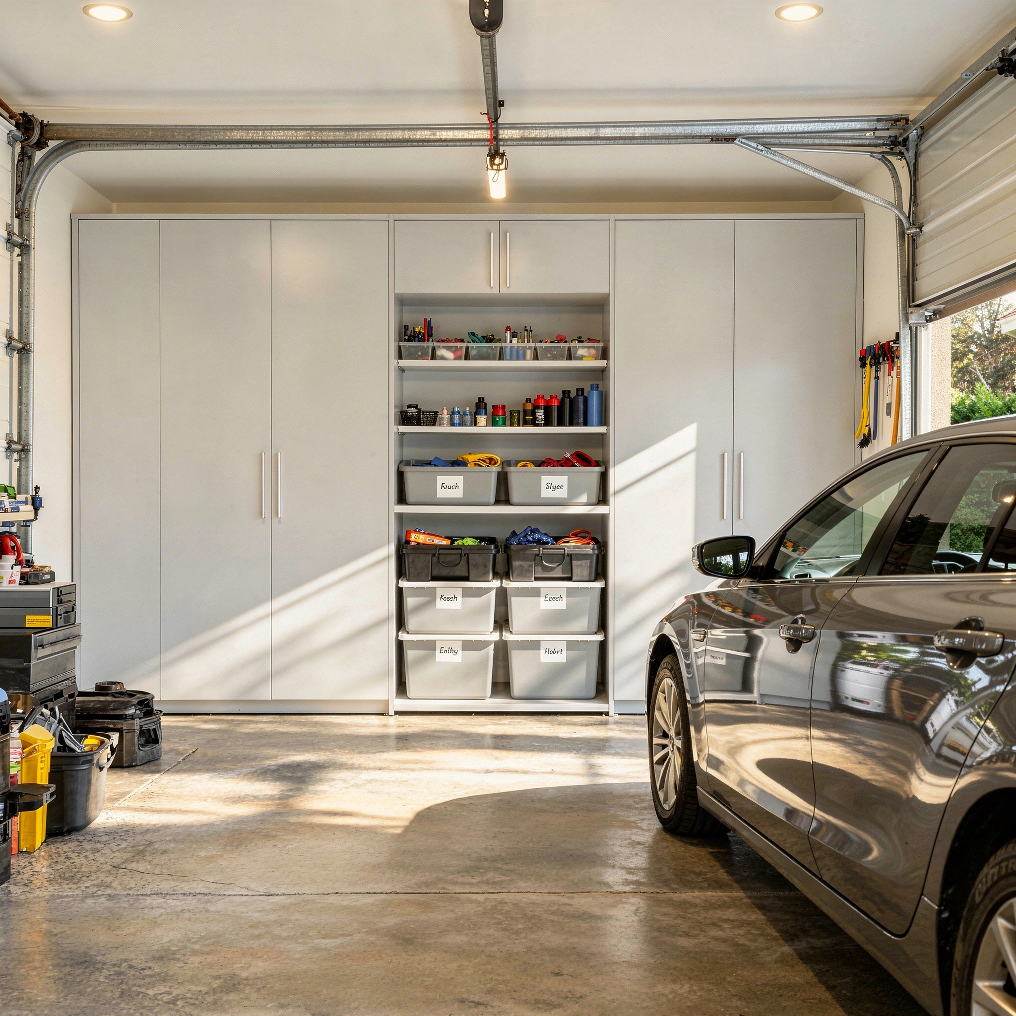 White garage storage cabinets with labeled bins and enclosed organization system