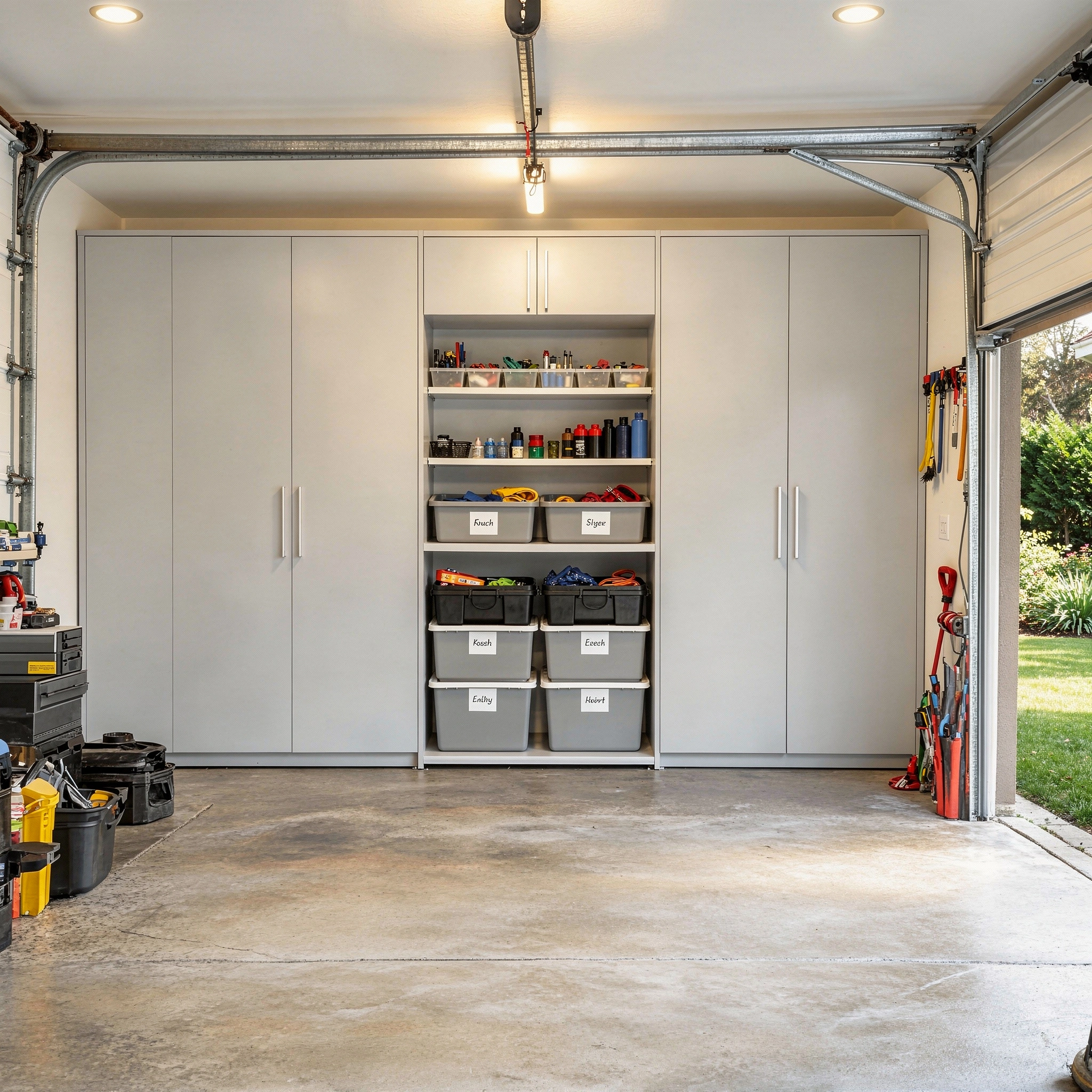 Full-wall garage cabinet system with closed storage and central open shelving