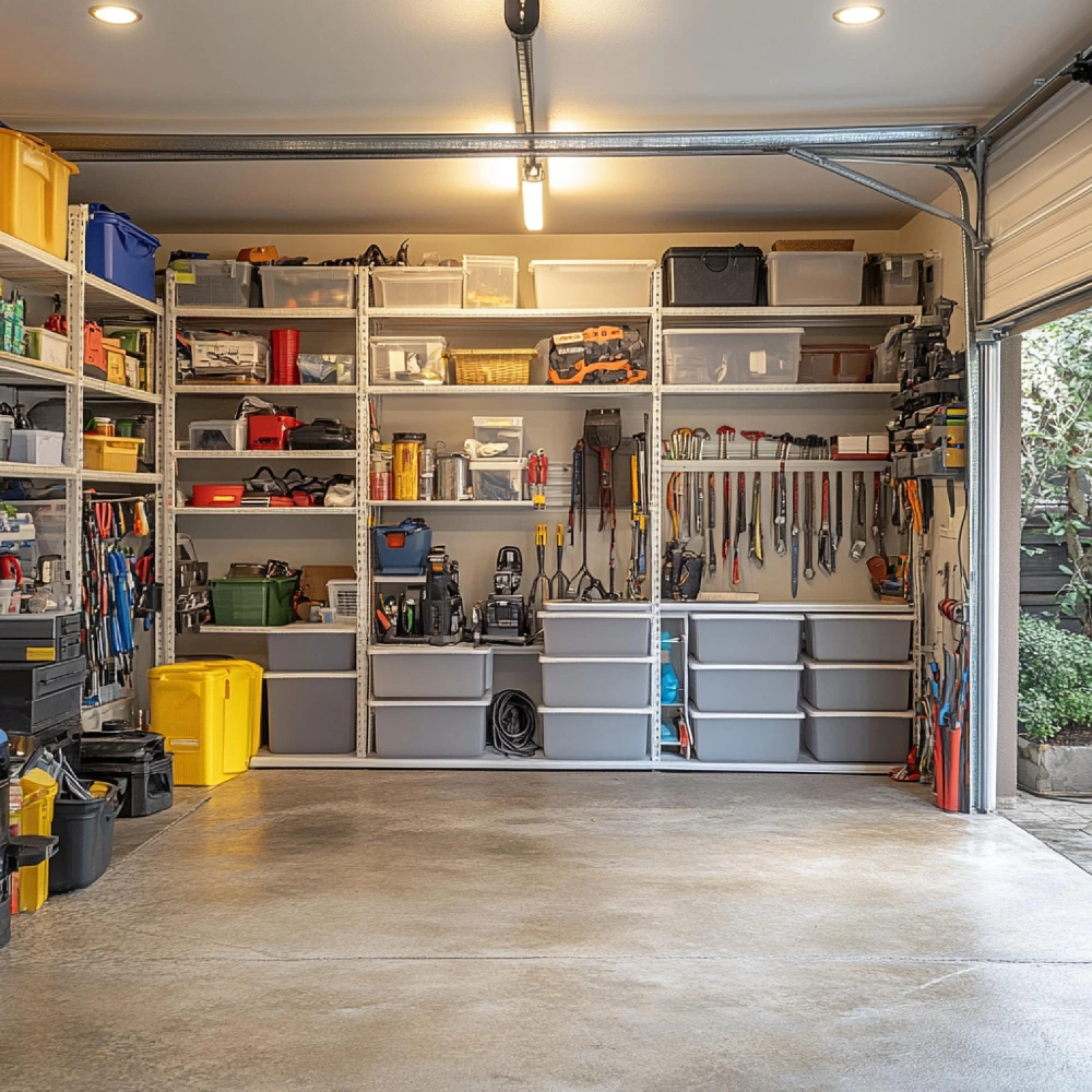 Open garage shelving with storage bins, tools, and organized equipment layout