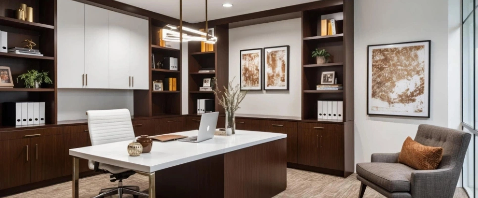 Modern home office with built-in cabinets, desk workspace, and accent lighting