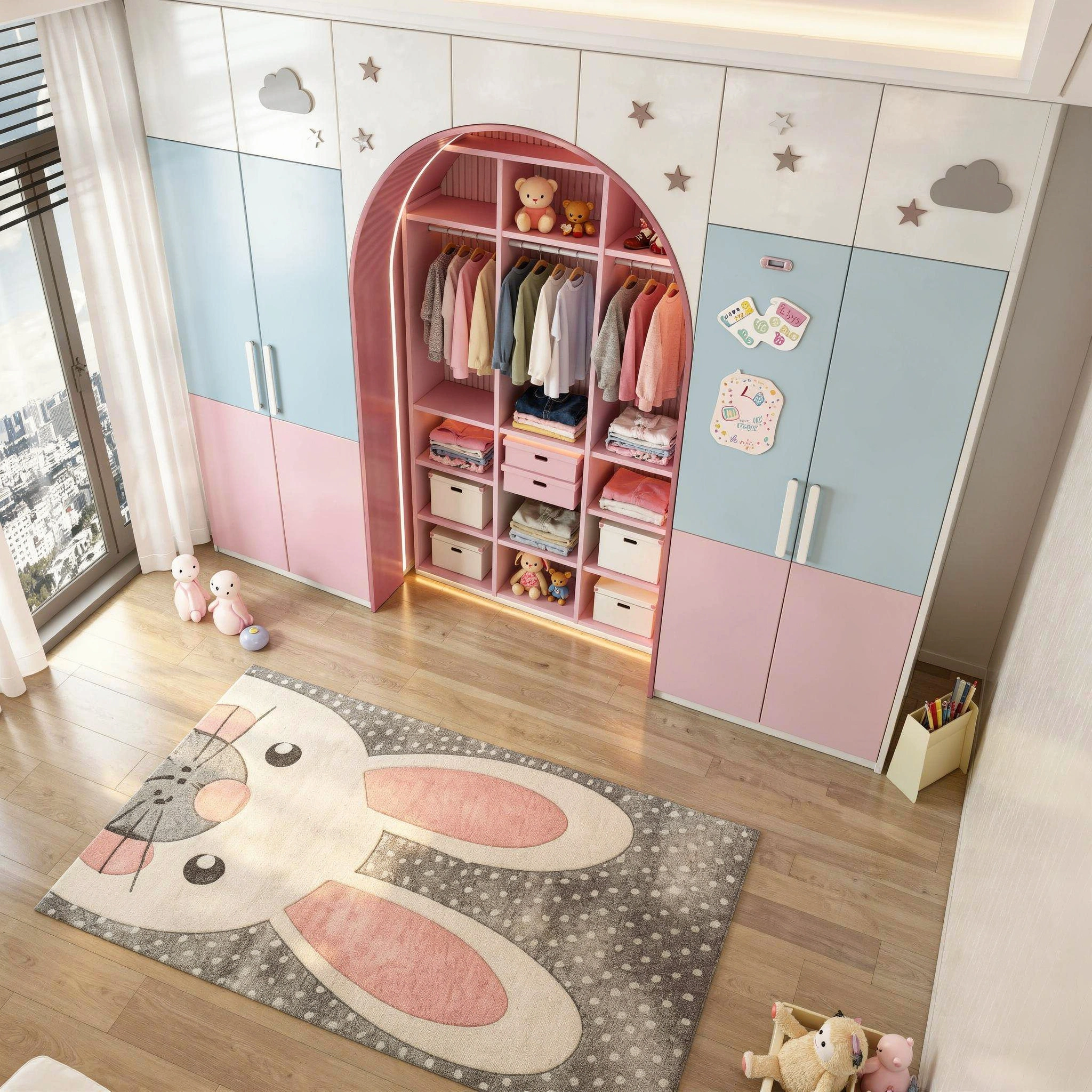 Modern kids closet design with built-in shelves, drawers, and hanging rods