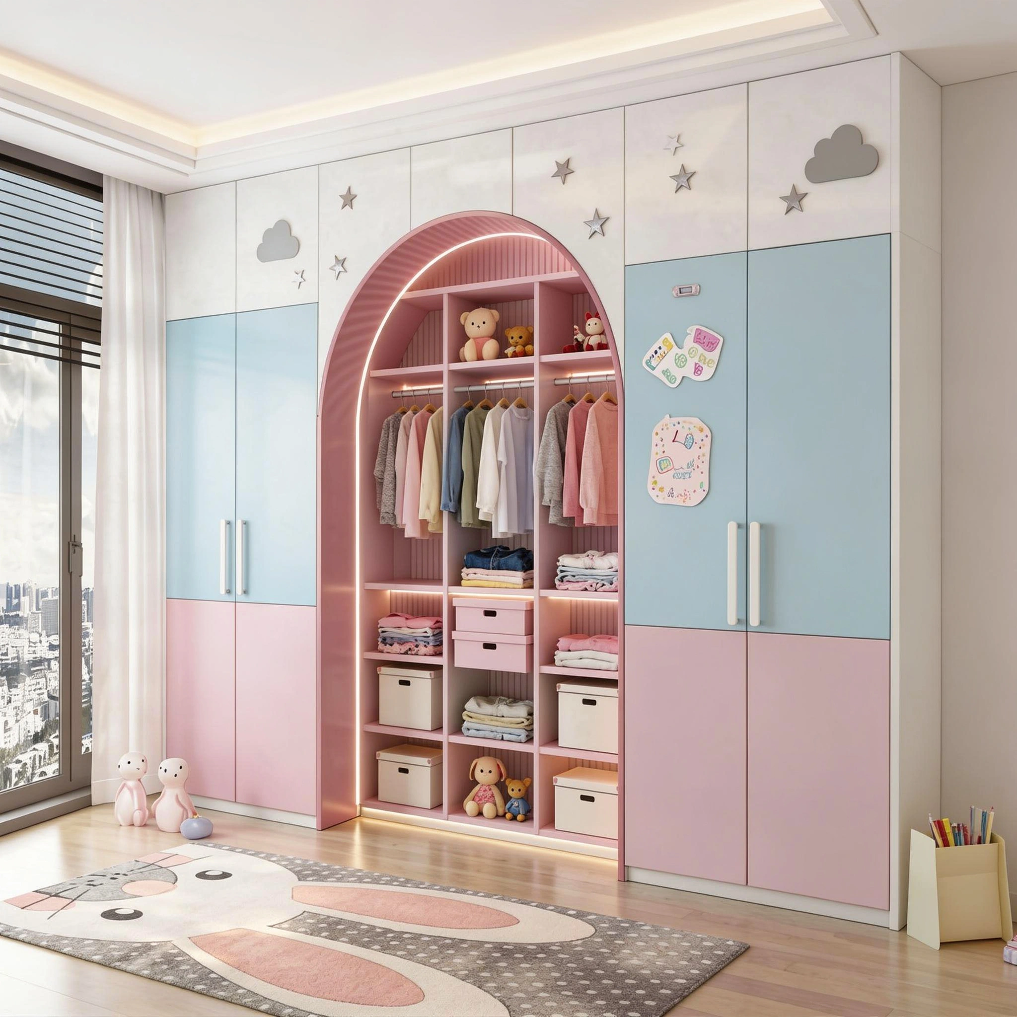 Custom children’s wardrobe with playful design, storage bins, and LED lighting