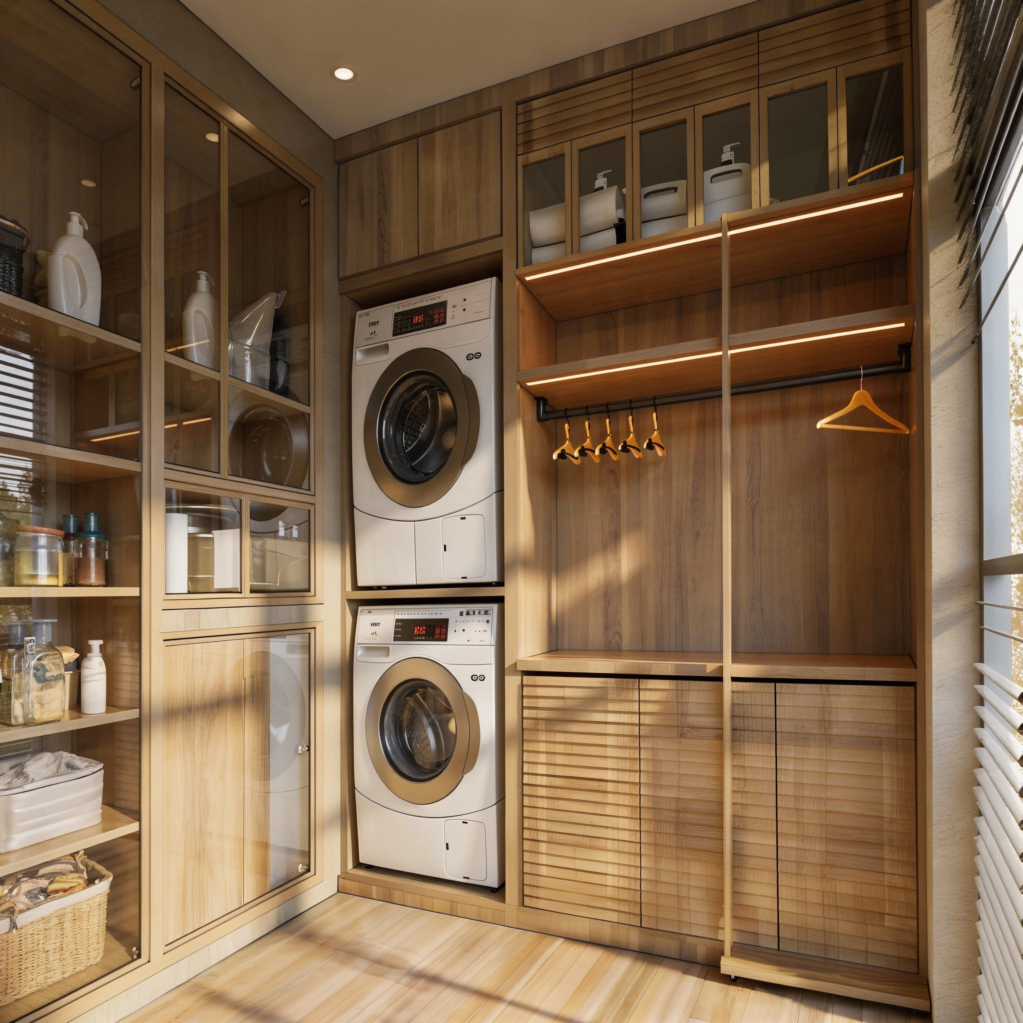 Modern laundry closet featuring cabinetry, open shelving, and hanging space