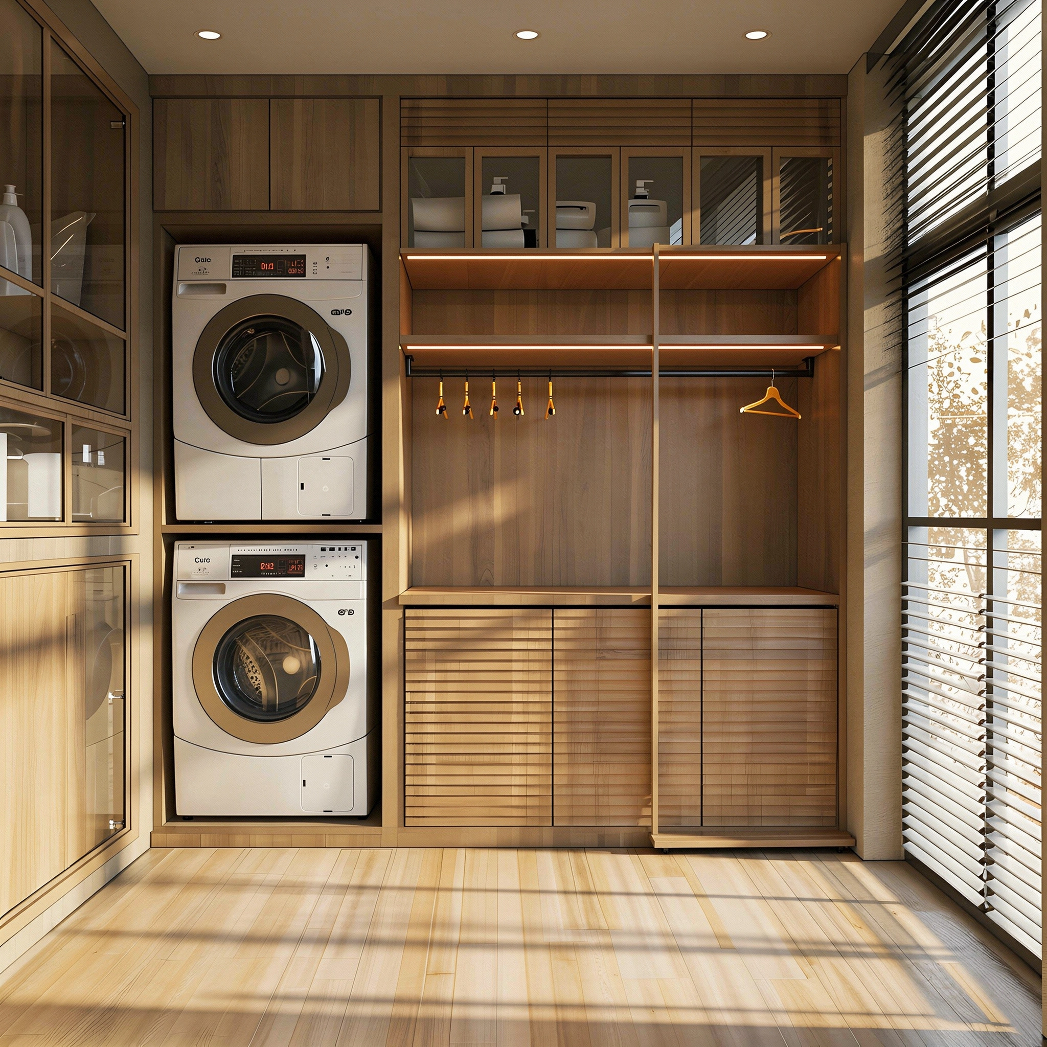 Laundry room storage system with washer dryer, shelves, and integrated lighting