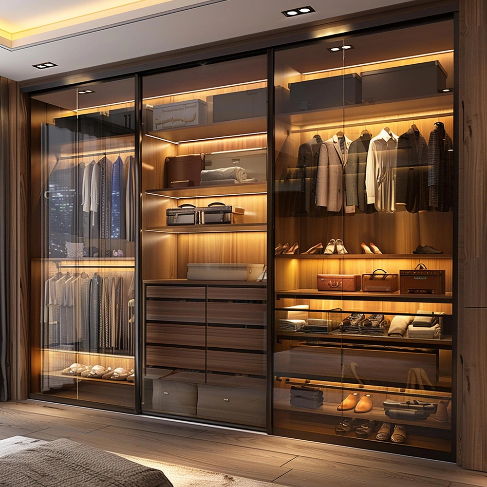 Modern reach-in closet featuring drawers, shelves, and hanging storage