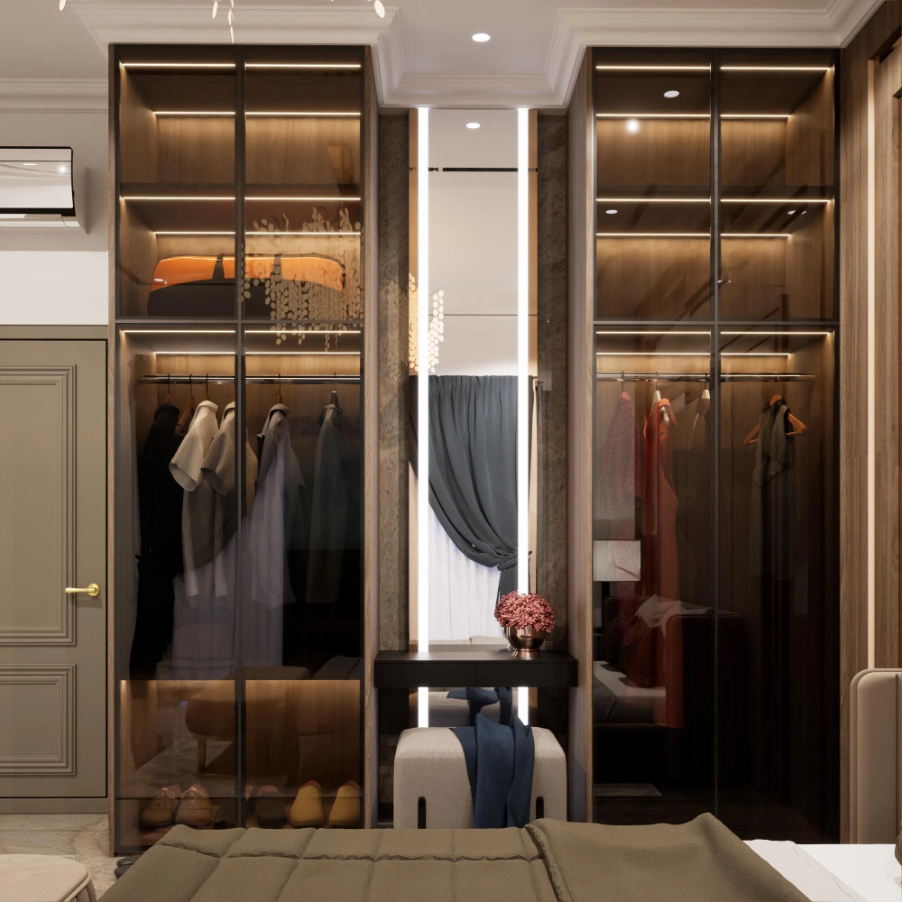 Contemporary reach-in closet design with LED lighting and wood finishes