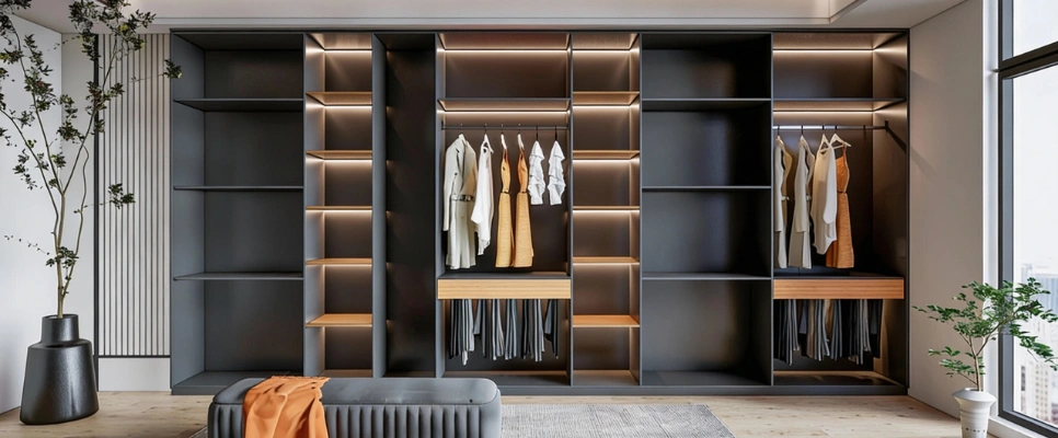 Reach-in closet with custom shelving, hanging rods, and integrated lighting