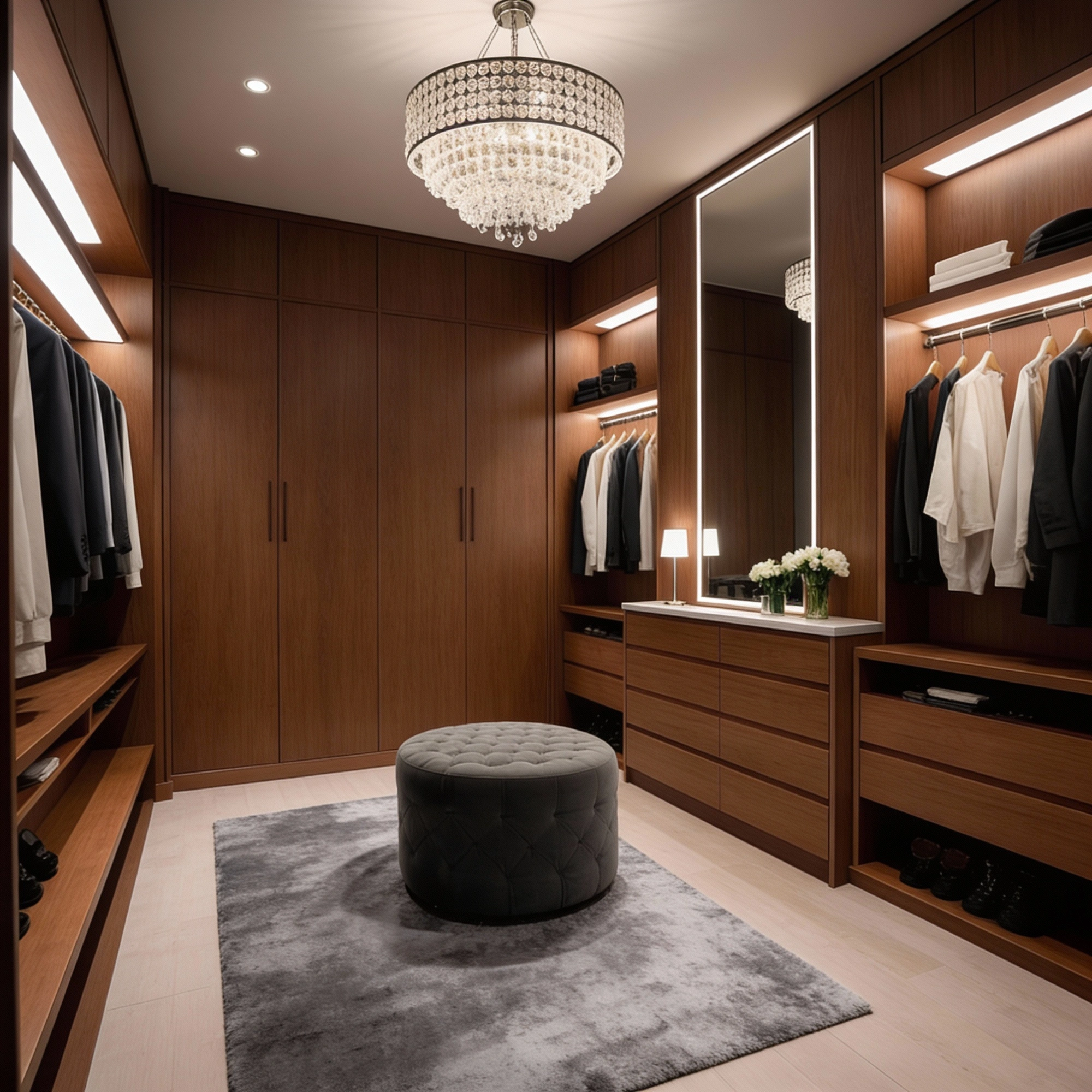 Modern walk-in closet featuring hanging space, drawers, and shoe storage